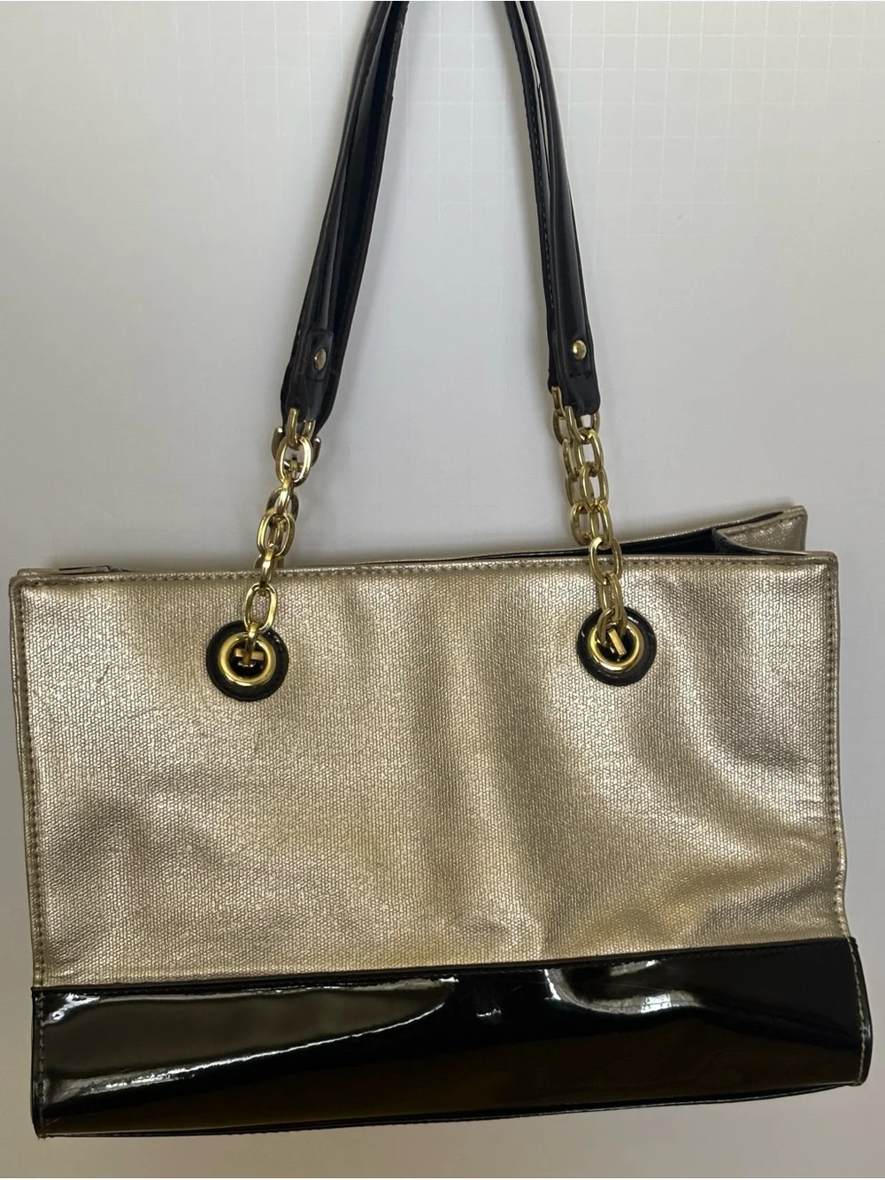 Anne Klein Metallic Gold and Black Patent Tote with Chain Handles